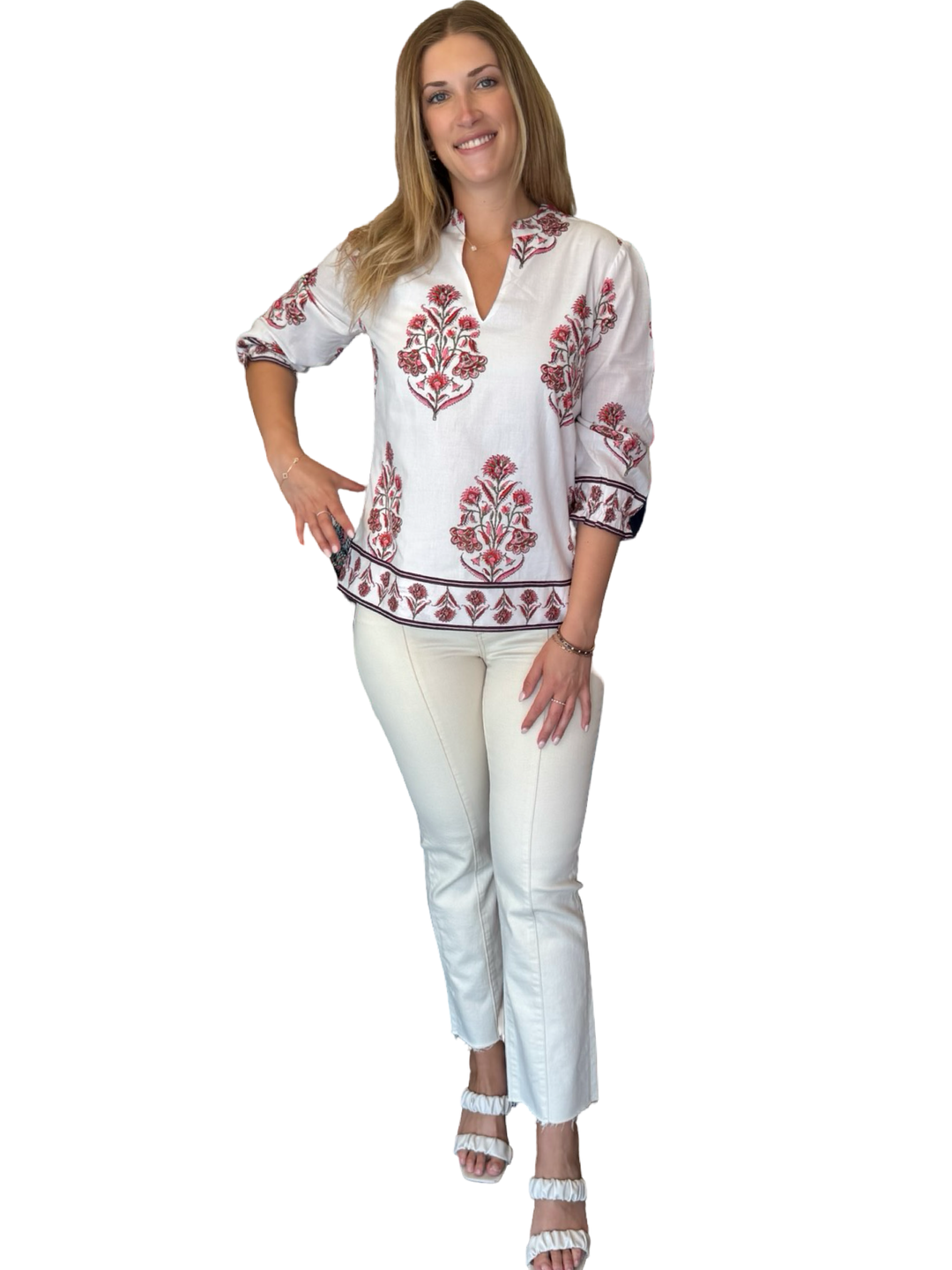 The Melody Cotton Block Print Top in Pink Floral Hand Block