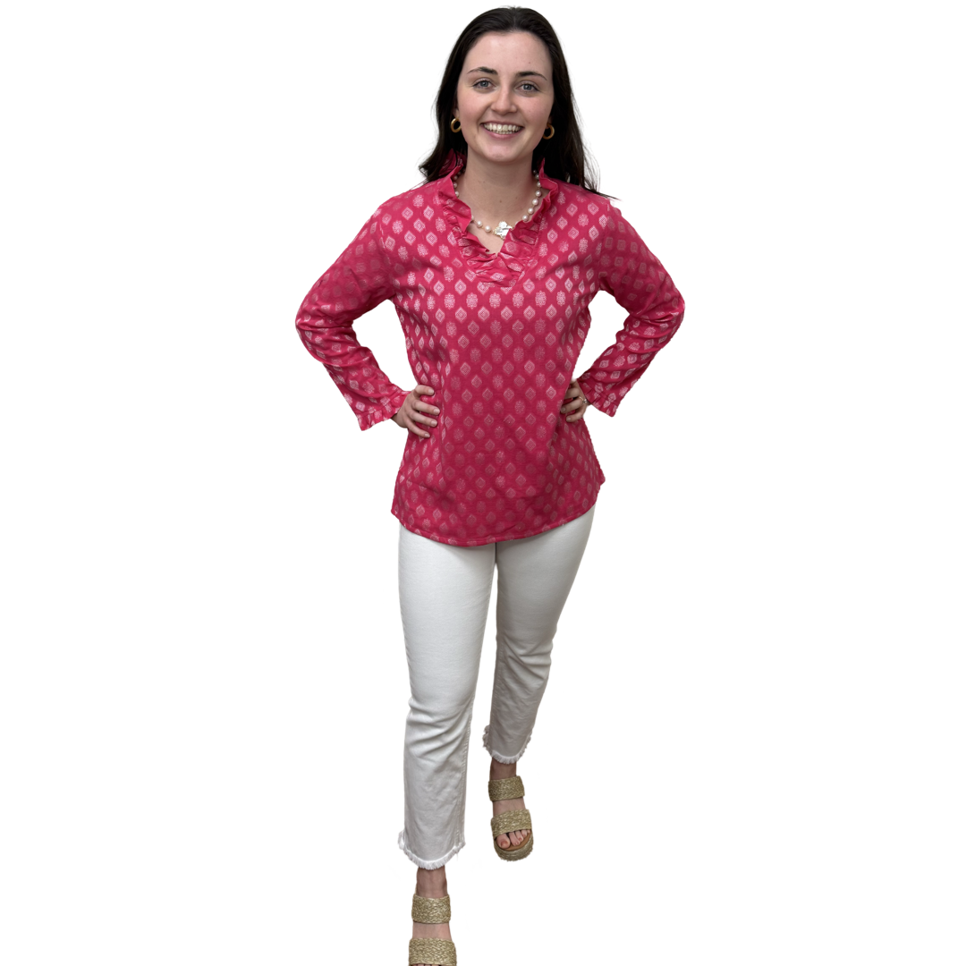 The Daley Ruffle Neck Collar Tunic Top in Pink and White — view 5