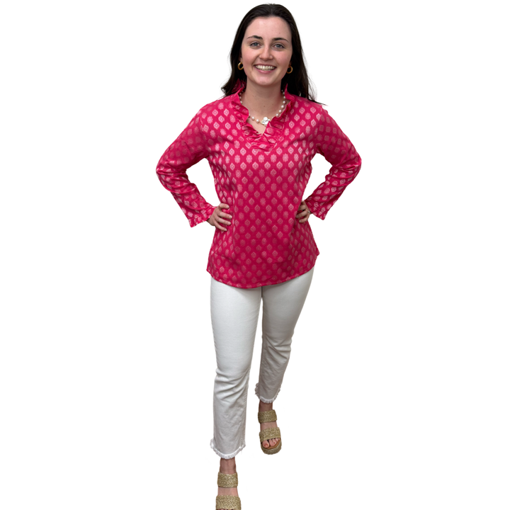 The Daley Ruffle Neck Collar Tunic Top in Pink and White — view 5