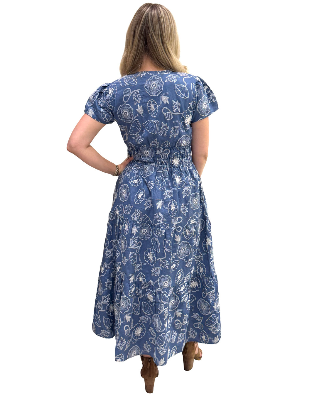 The Sydney Embroidered Cinch Waist Dress in Blue White — view 5