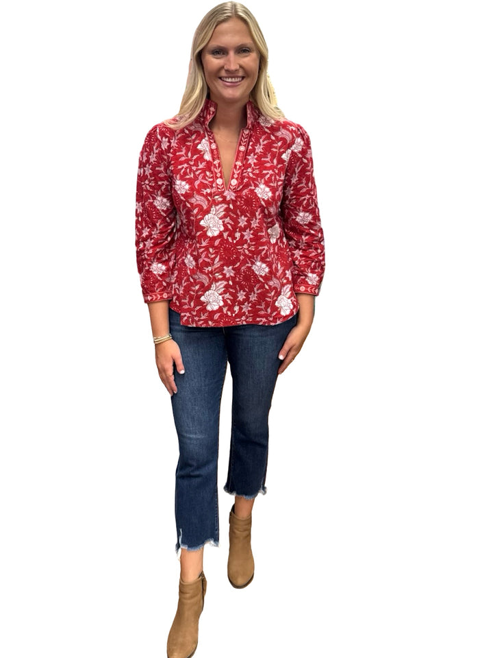 The Missy Hand Block Printed Floral Top in Red
