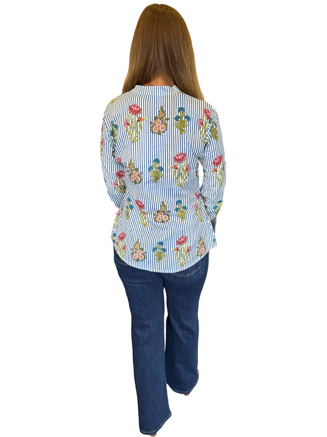 The Eloise Cotton Hand Block Printed Top in Blue Striped Floral