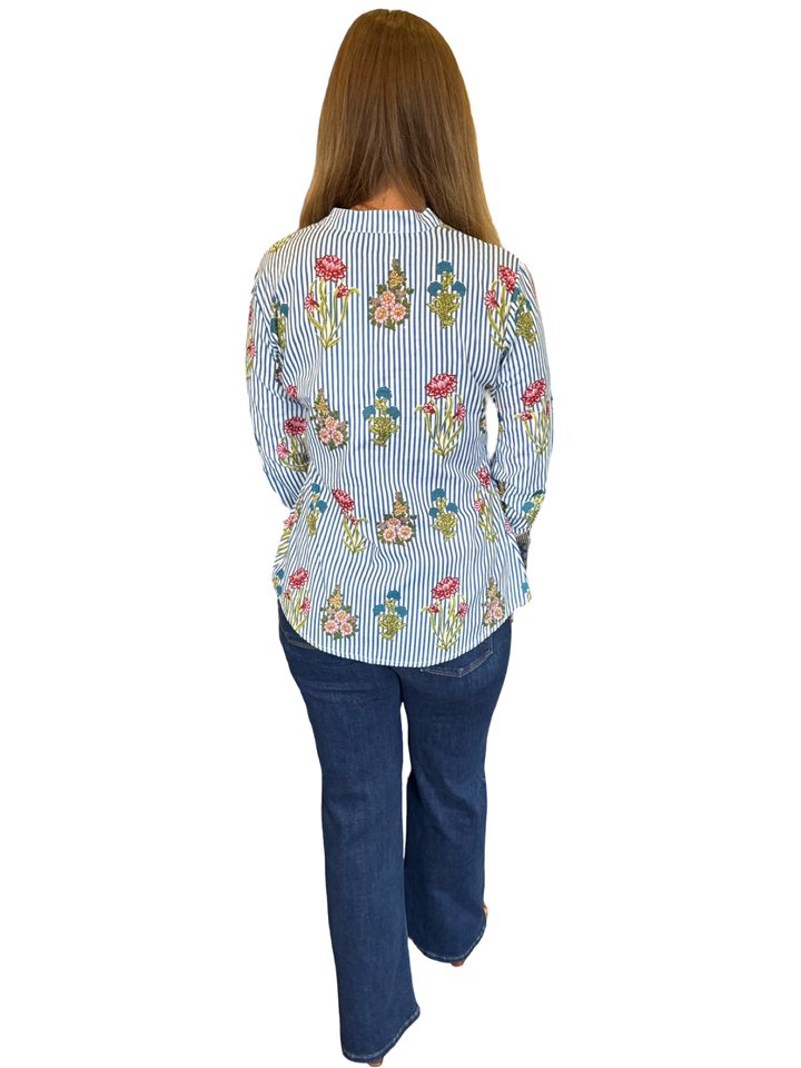 The Eloise Cotton Hand Block Printed Top in Blue Striped Floral
