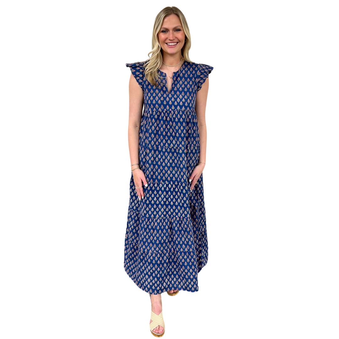 The Isabella Maxi Dress in Blue and Pink Hand Blocked Floral — view 3