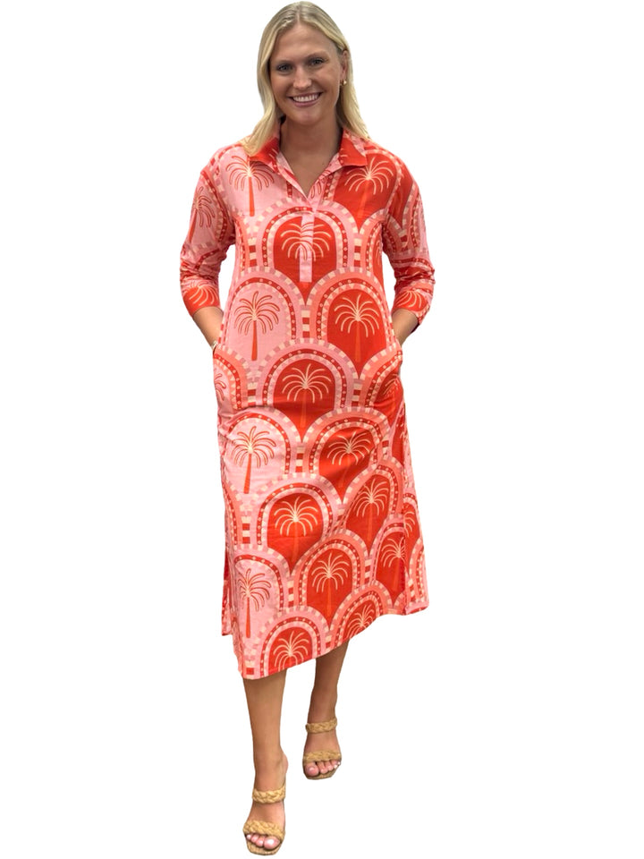 The Lisette Pink and Coral Palm Print Cotton Dress