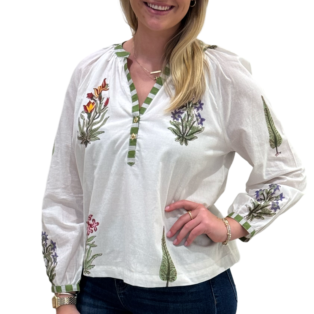 The Chandler Striped Trim Floral Hand Block Top — view 4