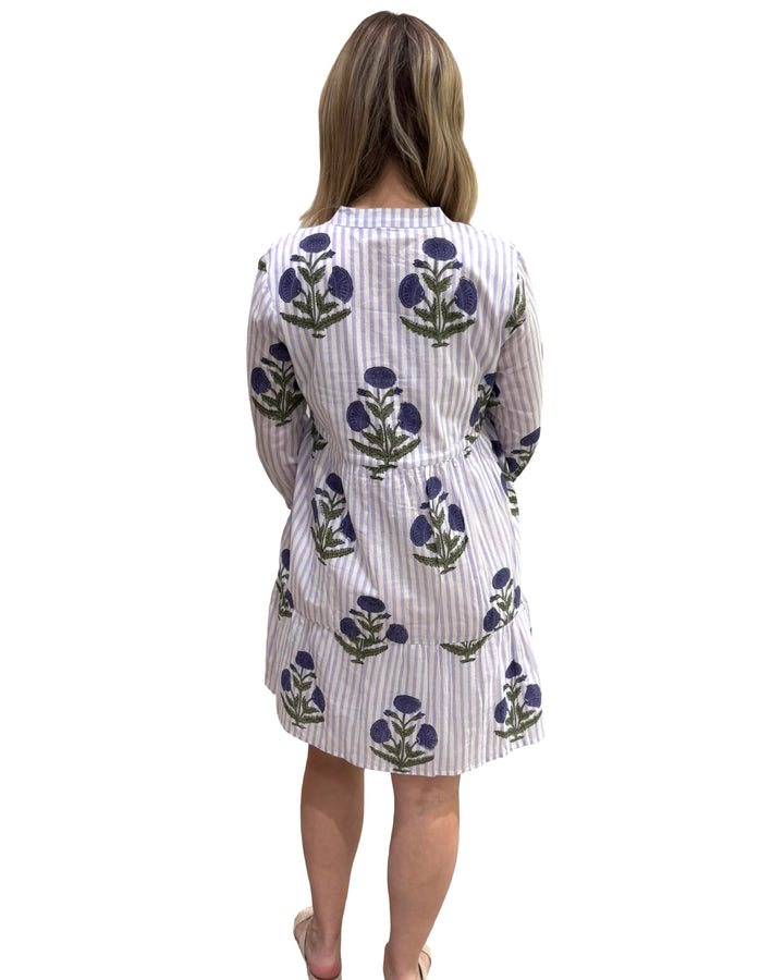 The Hamilton Striped Lavender Cotton Floral Hand Block Printed Dress — view 5