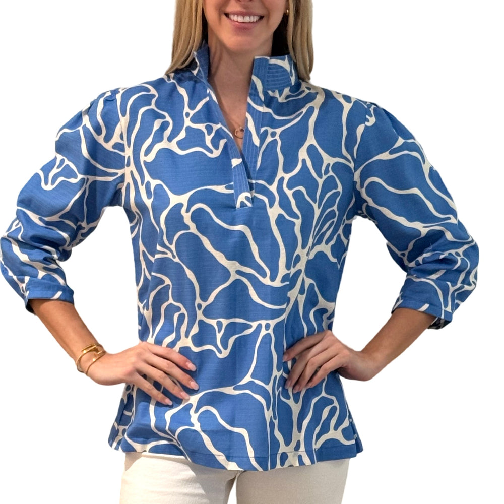 The Shipley Stand-Up Collar Top in Blue White Abstract — view 2