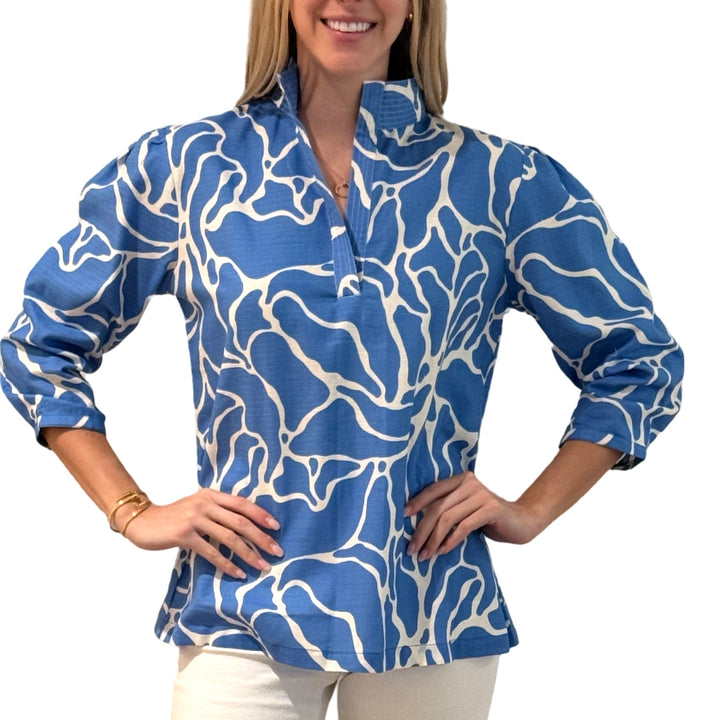 The Shipley Stand-Up Collar Top in Blue White Abstract — view 2