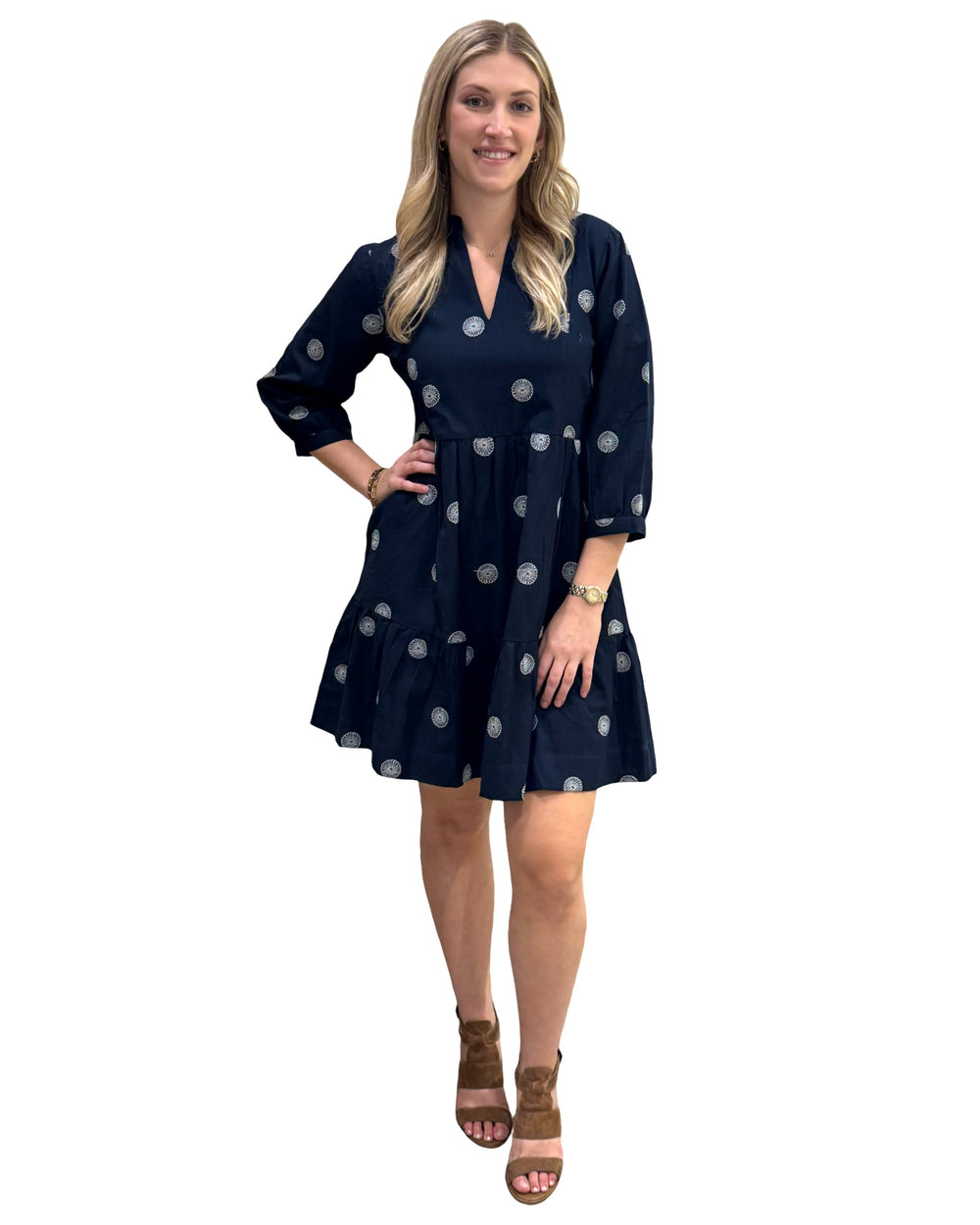 The Preston Navy White Embroidered Cotton Dress — view 2