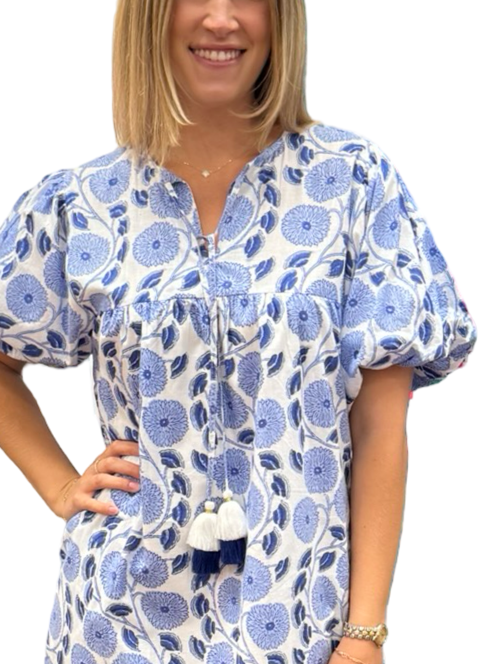 The Poppy Dress in White Blue Hand Block Floral — view 2