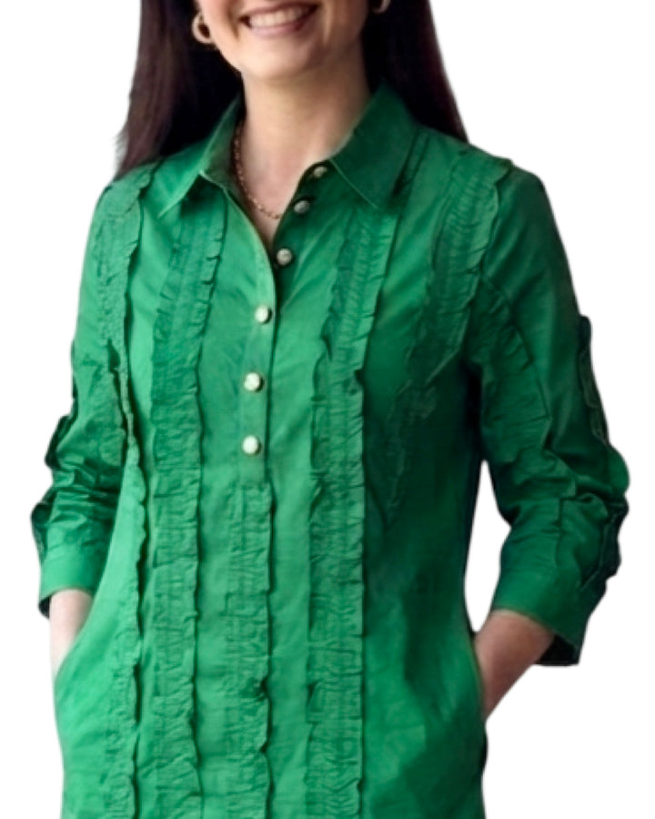 The Annika Button Front Shirt Dress in Emerald Green Ruffled Cotton
