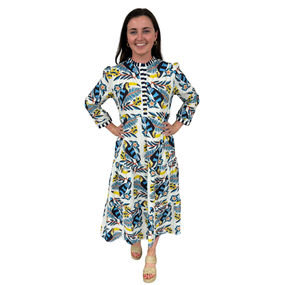 The Penny Toucan Print Midi Dress with Striped Trim — view 2