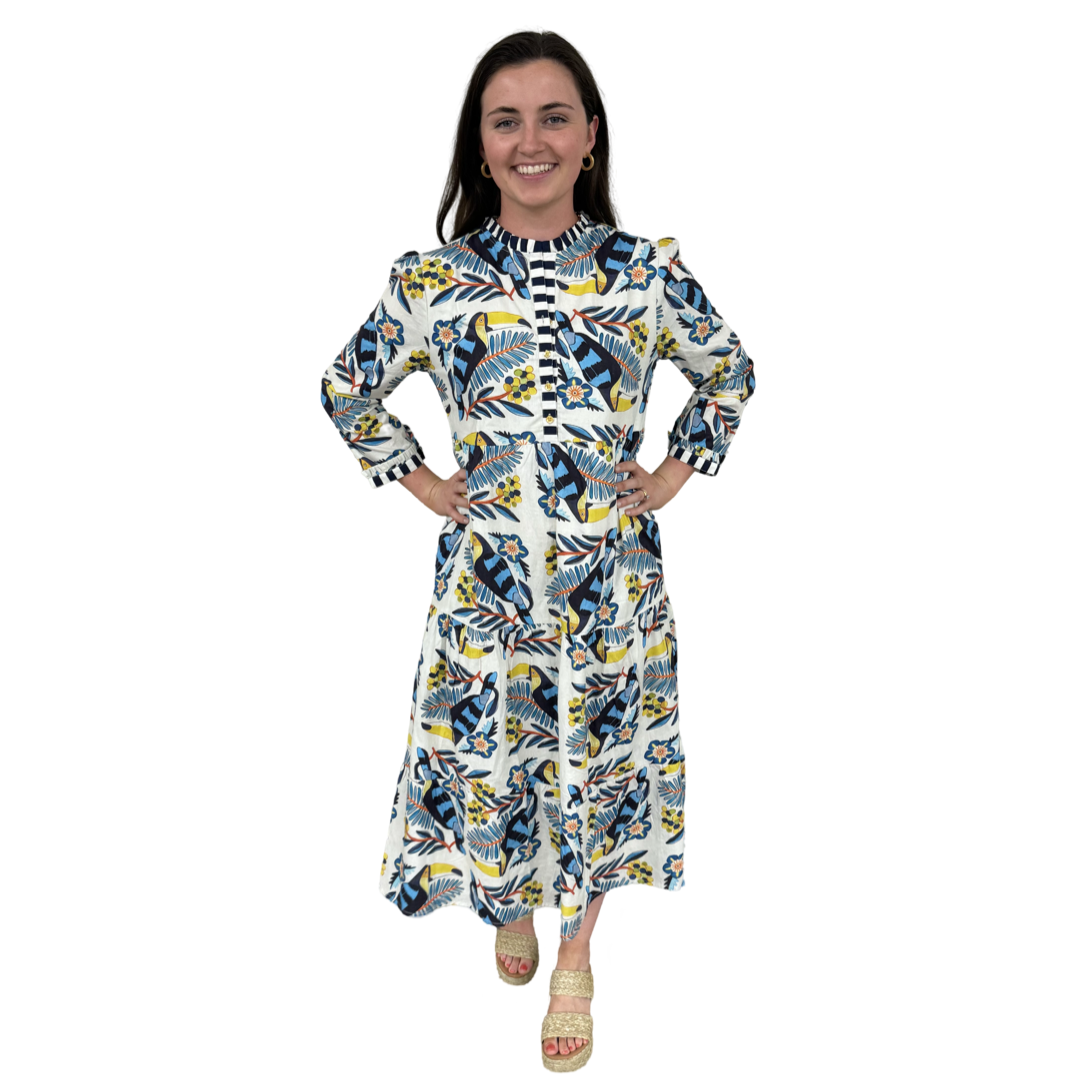 The Penny Toucan Print Midi Dress with Striped Trim — view 2
