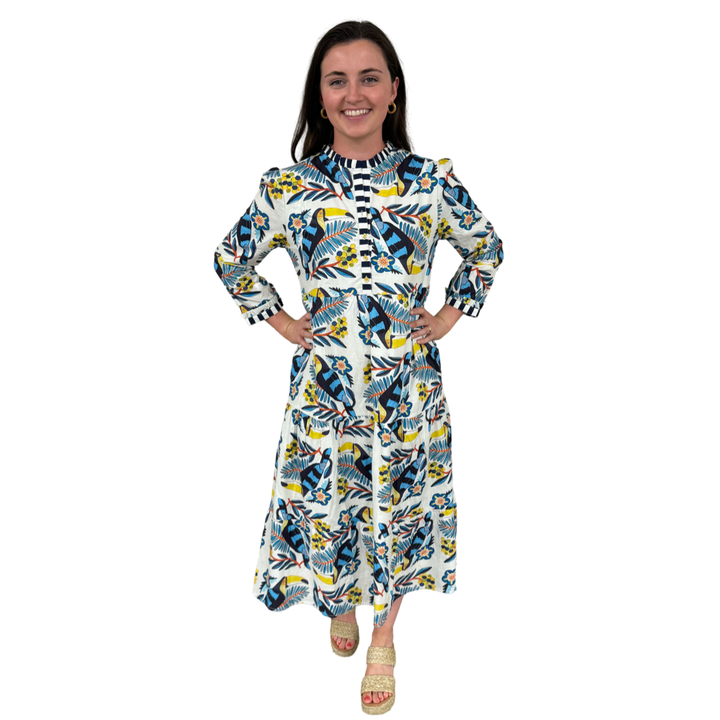The Penny Toucan Print Midi Dress with Striped Trim — view 2