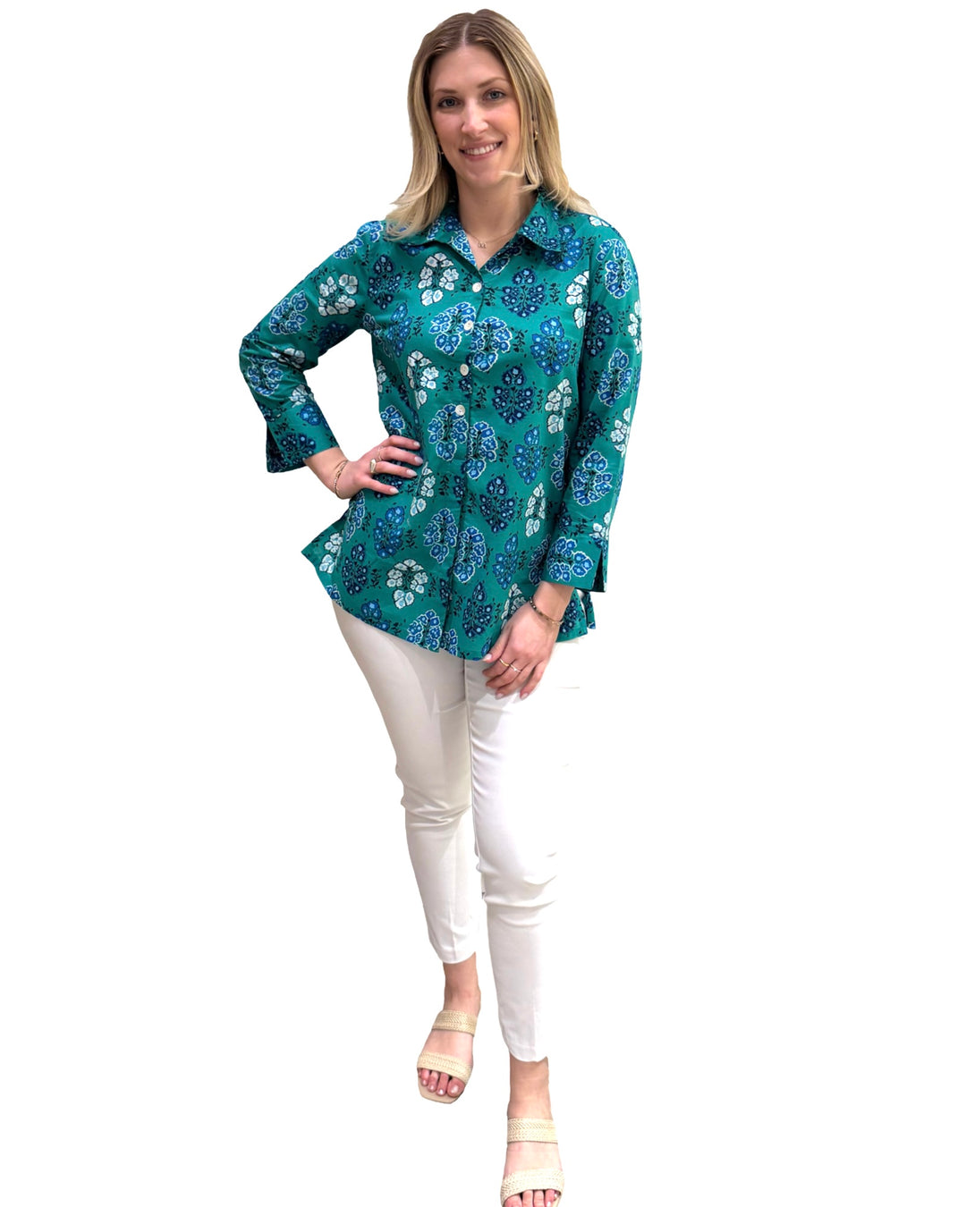 The Mason Button Front Tunic in Green Blue Floral Print — view 4
