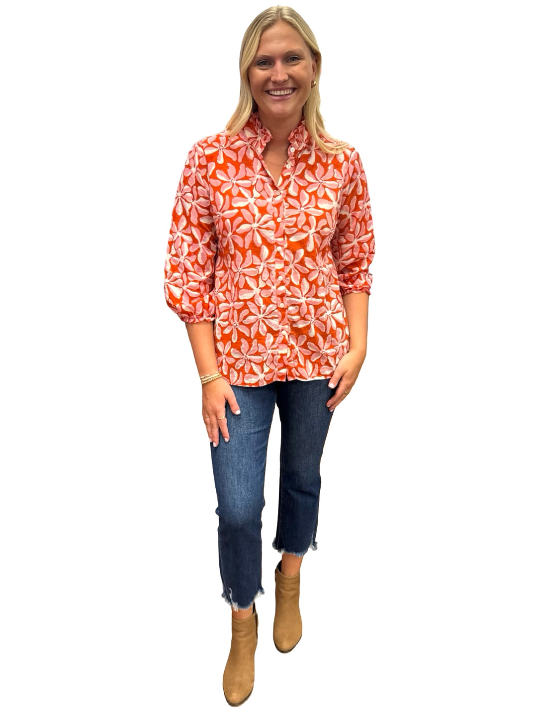 The Tricia Shirt in Red Pink Floral with Bead Detailing