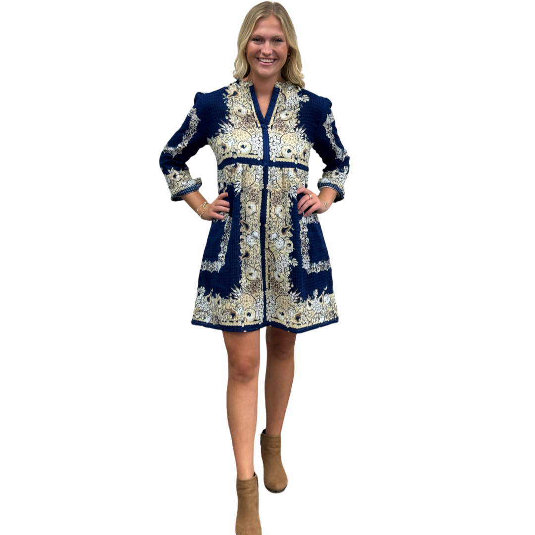 The Addison Border Print Dress in Navy and Beige