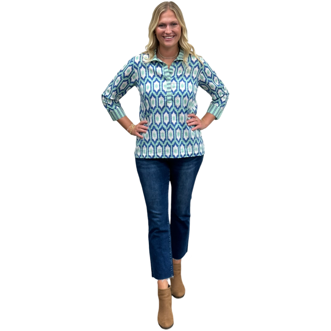 The Lisette Top in Green Blue Ikat — view 7