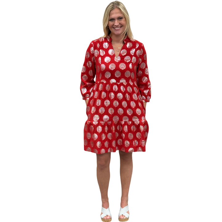 The Preston Metallic Party Dress in Red and Silver — view 3