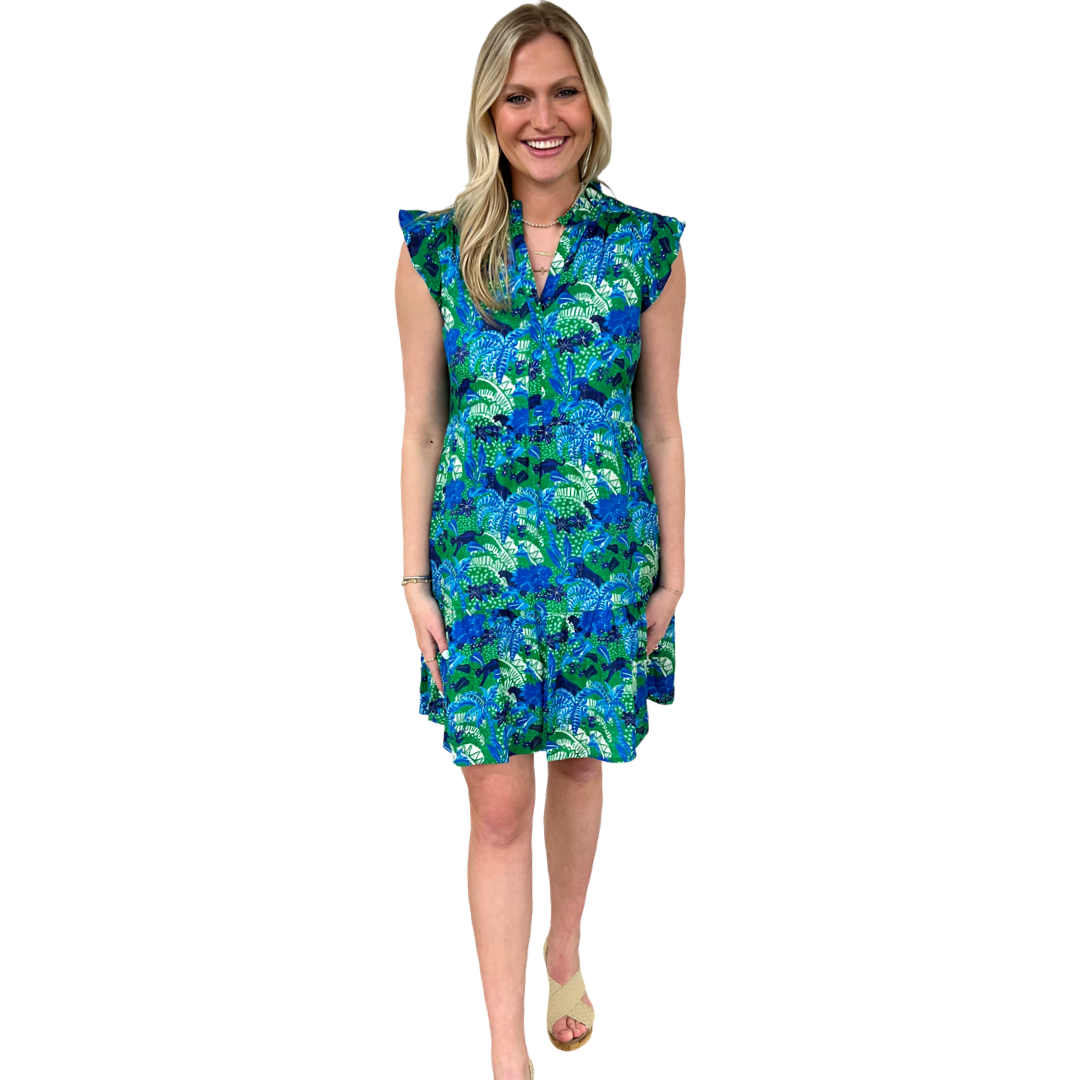 The Campbell Flutter Sleeve Dress in Green and Blue Panther Print The Campbell Flutter Sleeve Dress in Green and Blue Panther Print