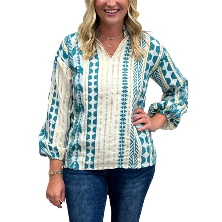 The Phoebe Emerald and Gold Cotton Jacquard Striped Top — view 4