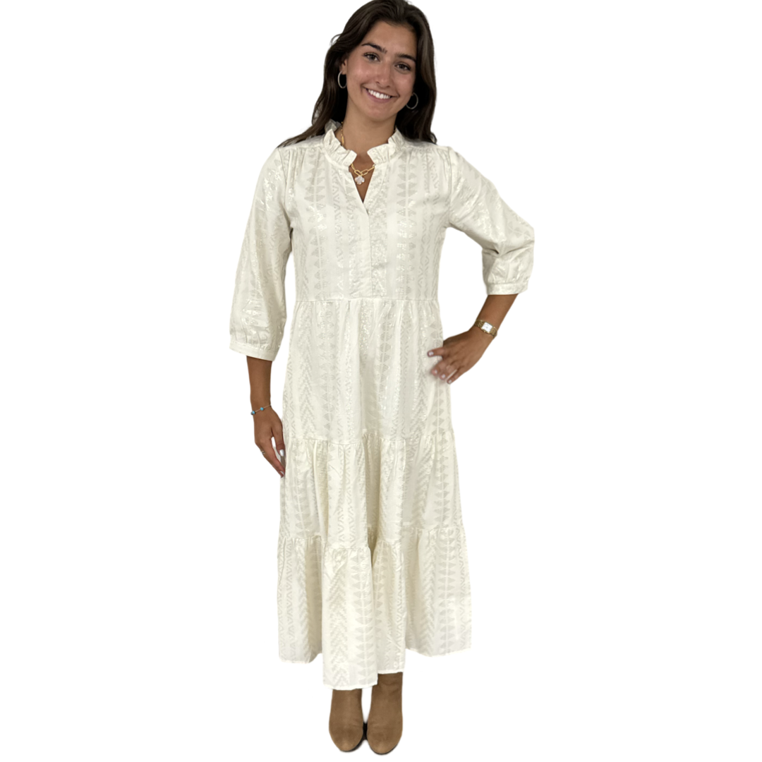 The Campbell Cream and Gold Jacquard Dress — view 6