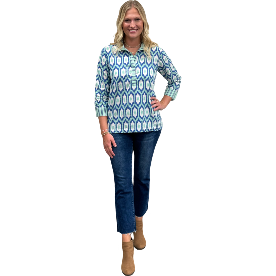 The Lisette Top in Green Blue Ikat — view 5