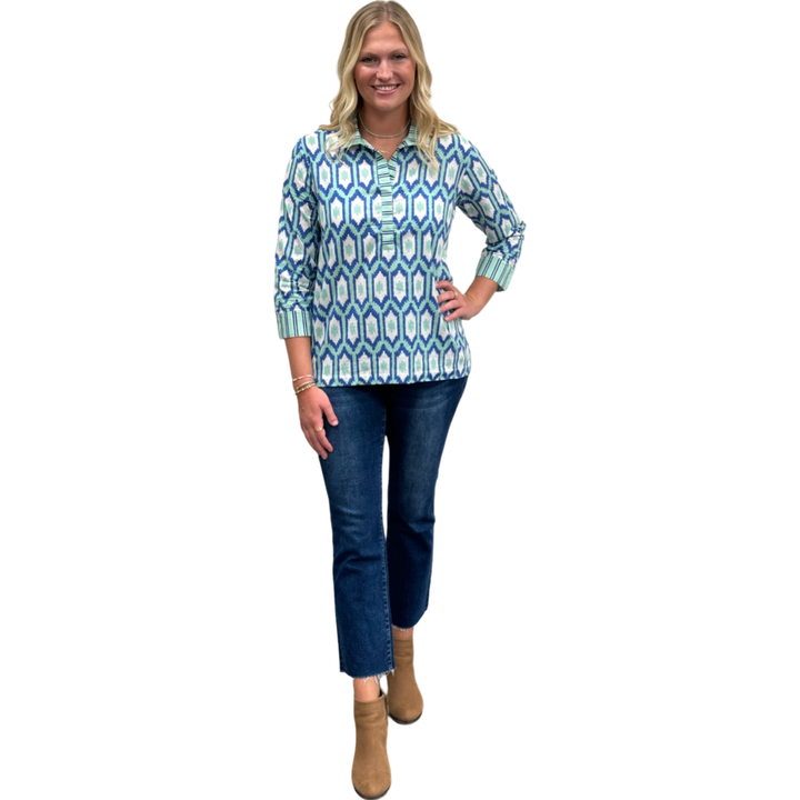 The Lisette Top in Green Blue Ikat — view 5