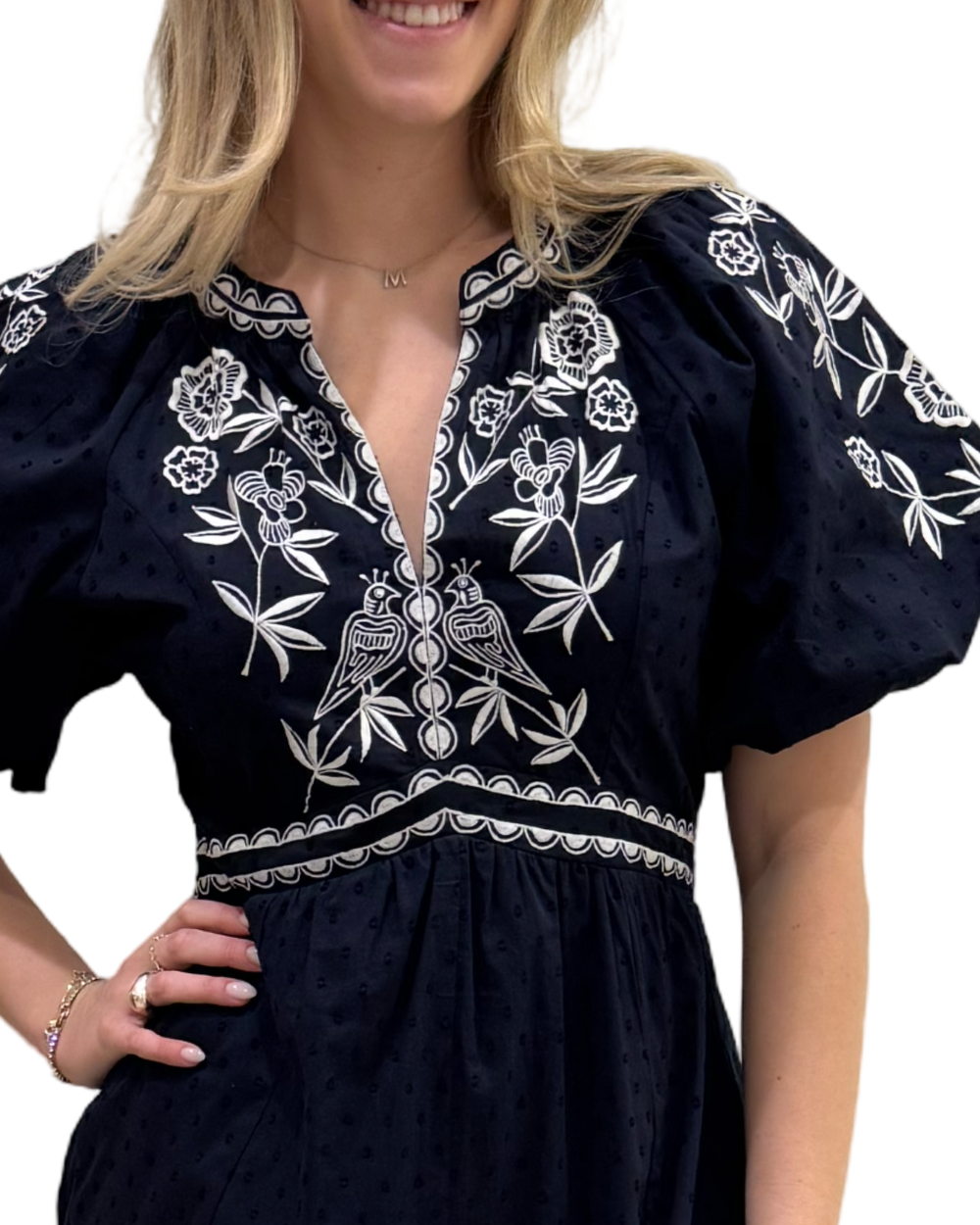 The Gabby Long Embroidered Dress in Navy White — view 2