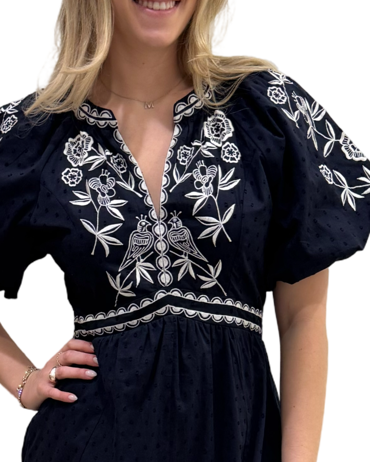 The Gabby Long Embroidered Dress in Navy White — view 2