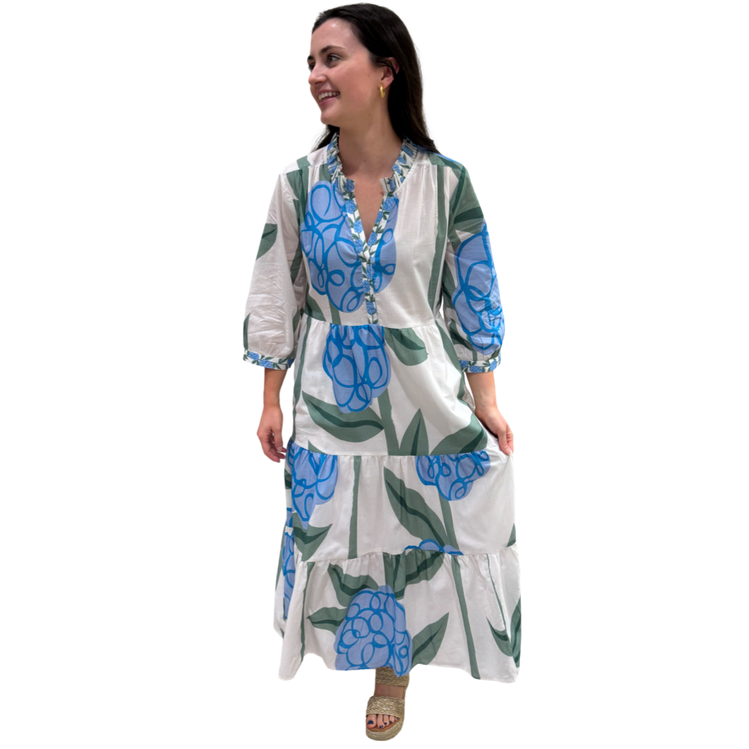 The Campbell Blue Pop Floral 3/4 Sleeve Cotton Dress — view 7