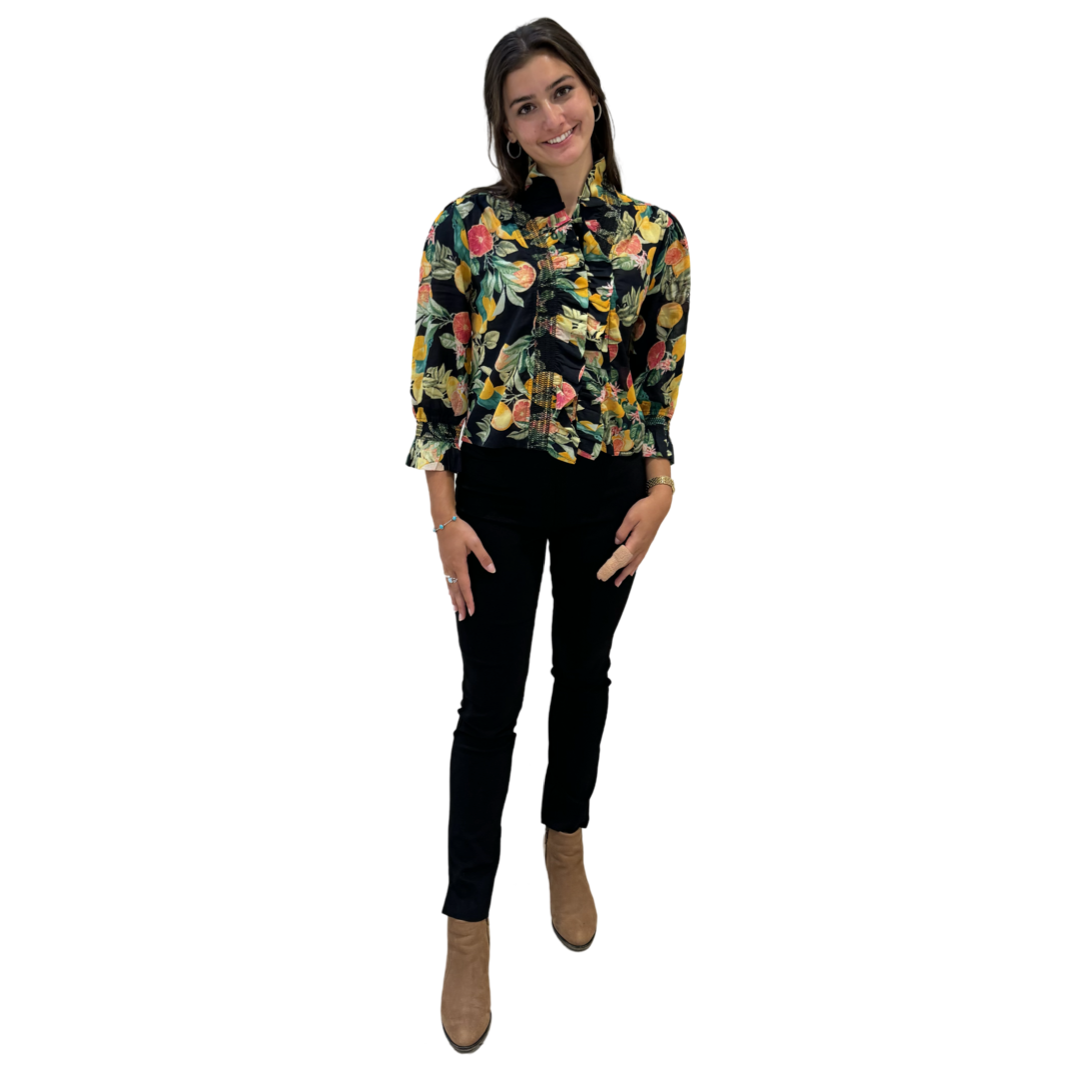 The Amelia Ruffle Top in Black Citrus Floral — view 5