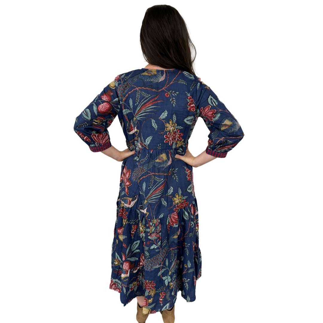 The Daniella Embroidered Trim Dress in Deep Navy Hand Blocked Floral — view 7