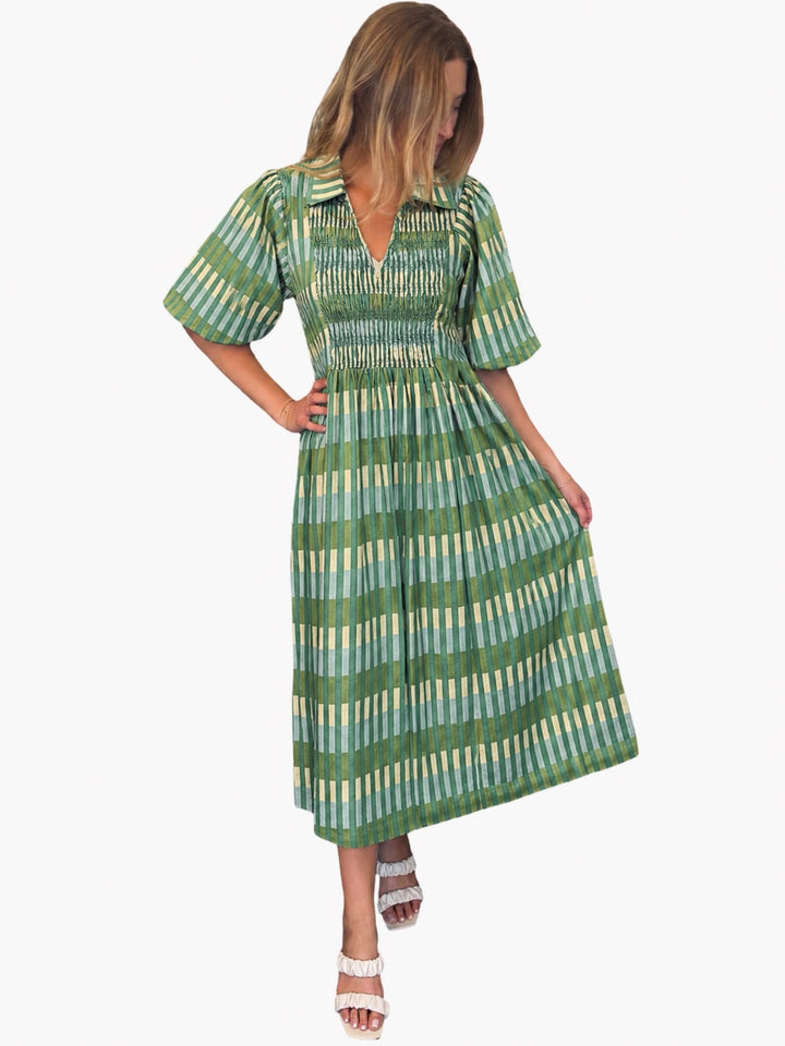 The Joanie Smocked Dress in Army Green Plaid