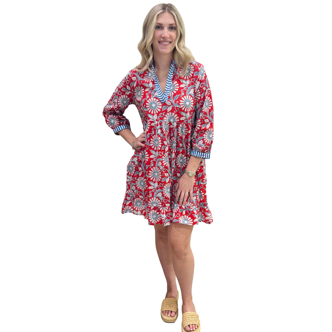 The Morley Embroidered Trim Dress in Blue Red Handblocked Floral