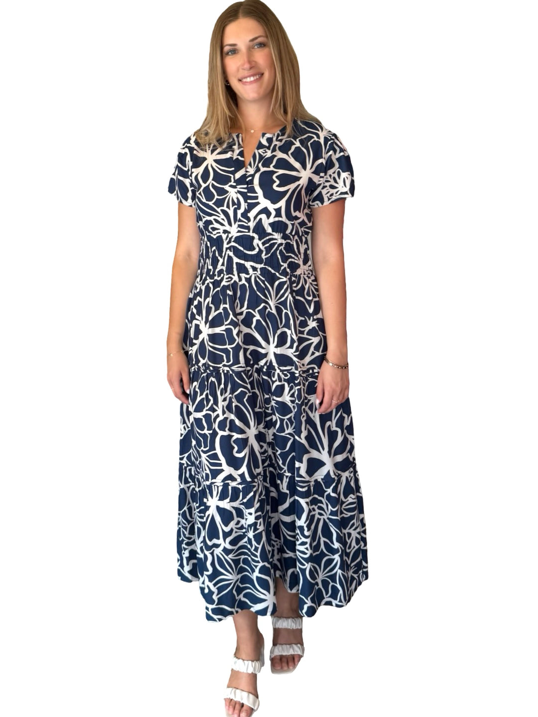 The Sydney Short Sleeve Cinch Waist Dress in Navy White Abstact Floral