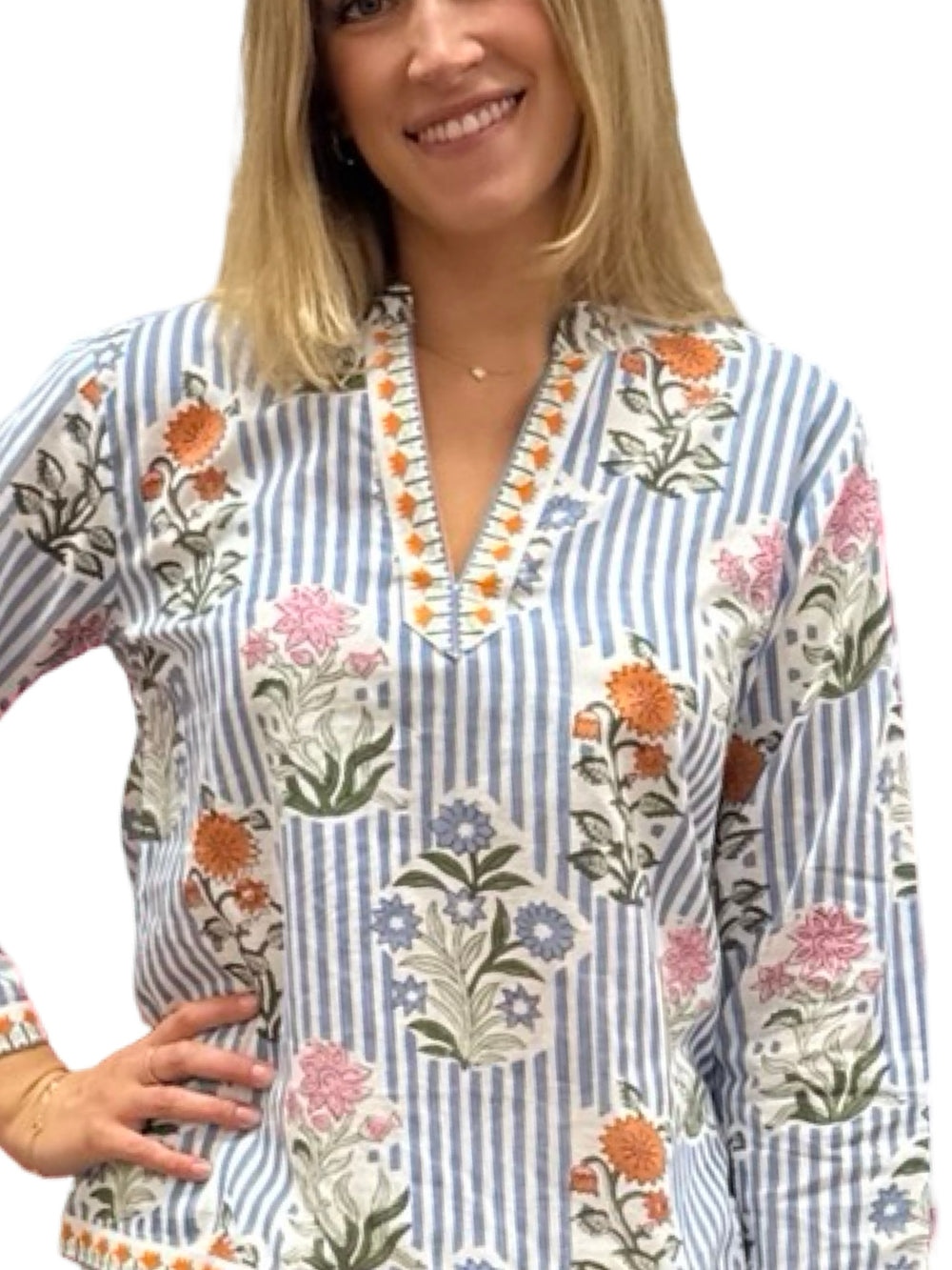 The Kelsea Top in Blue Striped Floral — view 2
