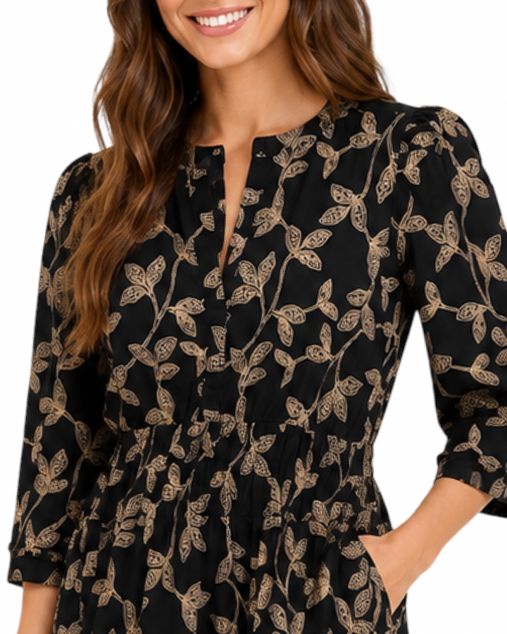 The Sydney Cinch Waist Dress in Black and Beige Cotton