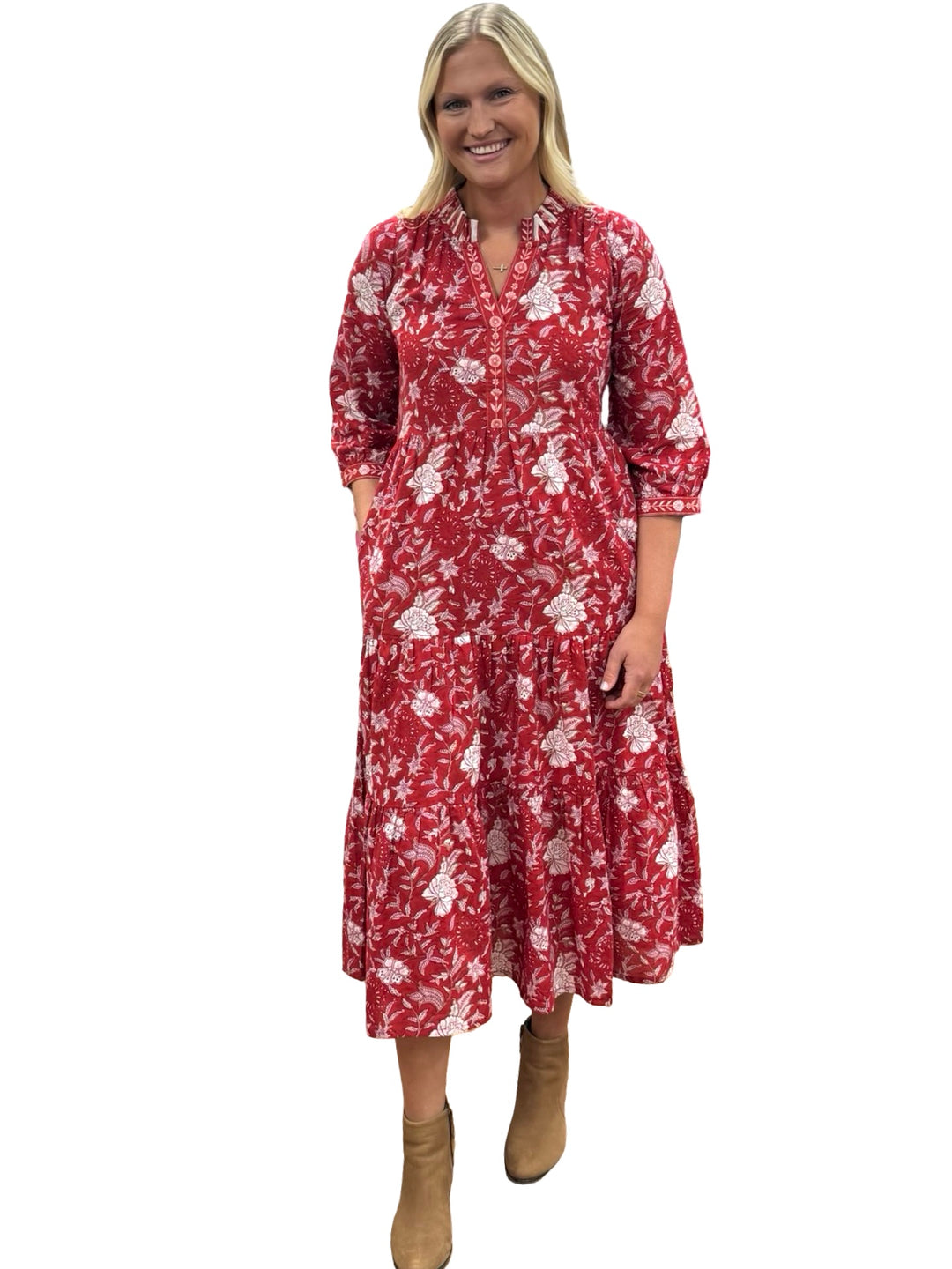 The Campbell Long Length Dress in Red Hand Block Printed Floral