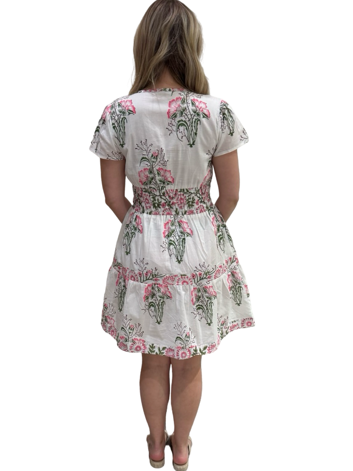 The Sydney Short Sleeve Hand Block Printed Cotton Dress in Pink Motif — view 5