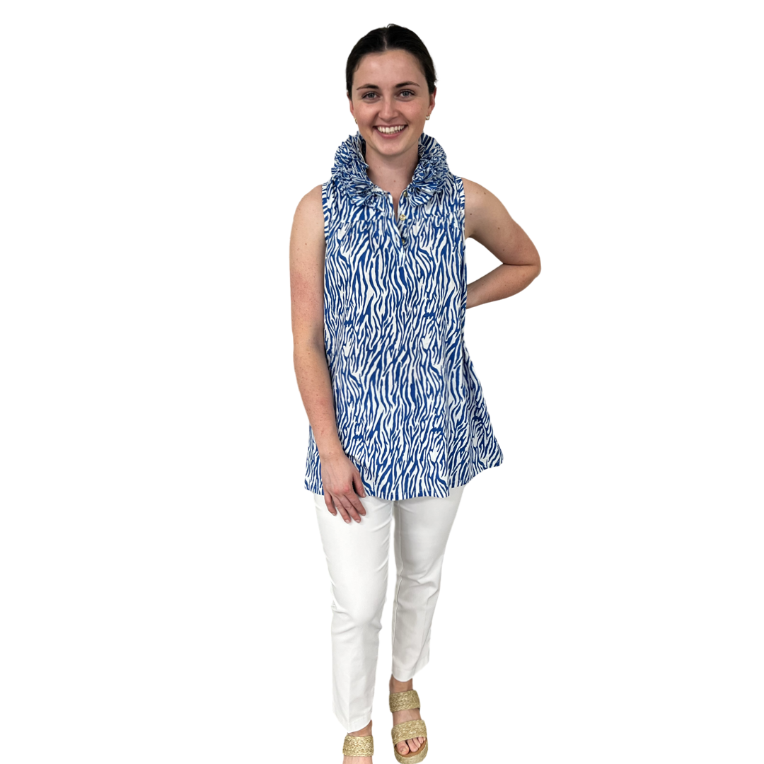 The Newport Sleeveless Ruffle Collar Tunic in Blue White Zebra Stripe — view 3