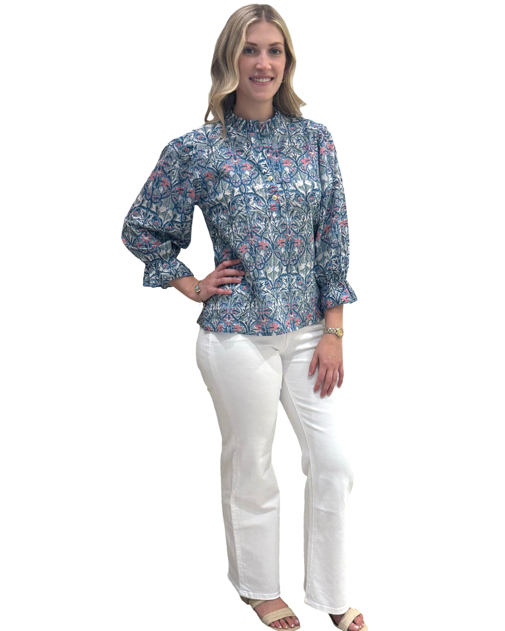 The Ainsley Hand Block Printed Cotton Ruffle Trimmed Top — view 2