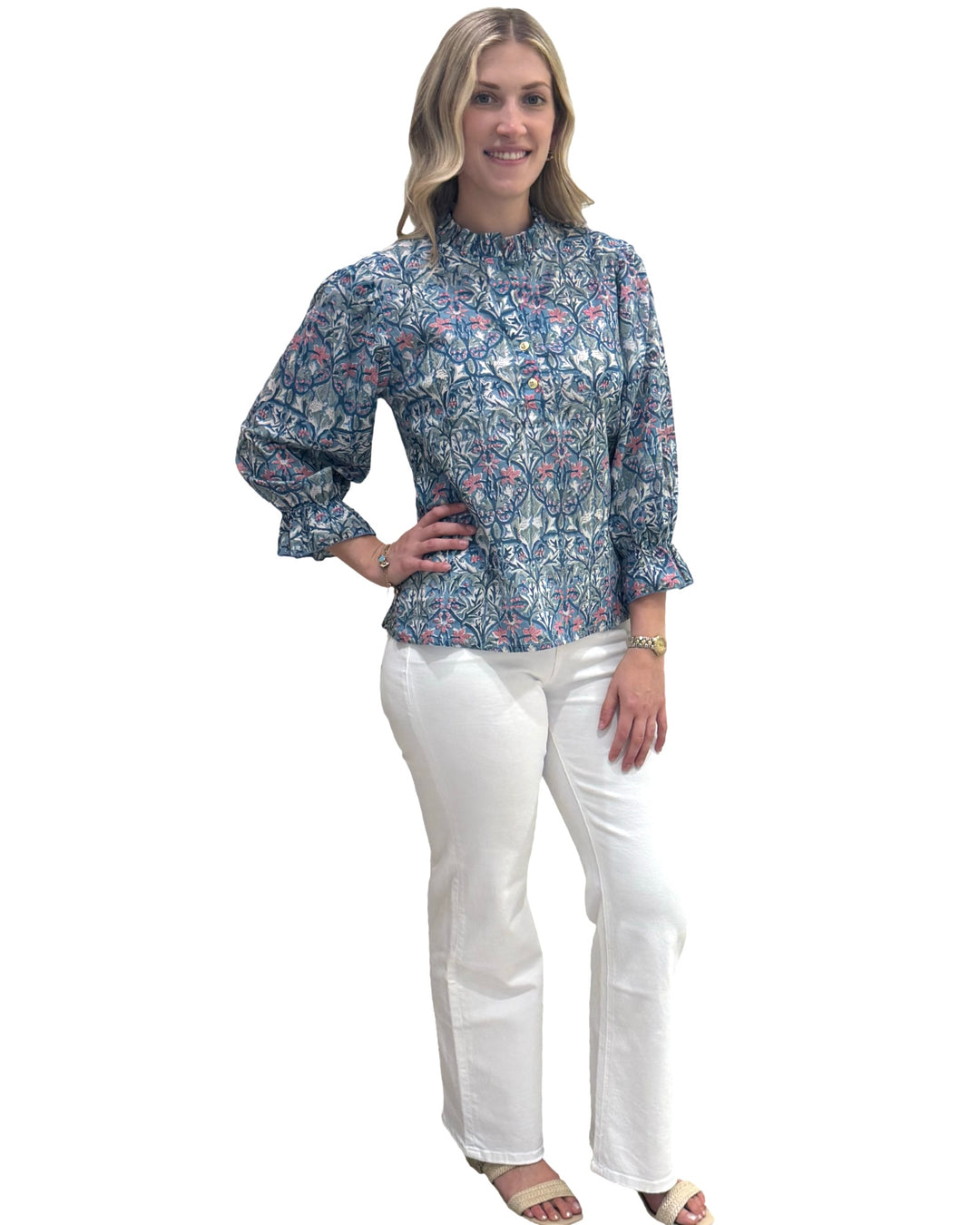 The Ainsley Hand Block Printed Cotton Ruffle Trimmed Top — view 2