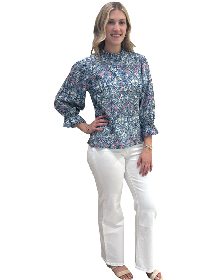 The Ainsley Hand Block Printed Cotton Ruffle Trimmed Top — view 2