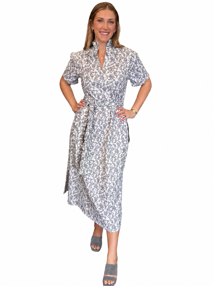 The Laurel Ruffle Trim Dress in Grey White