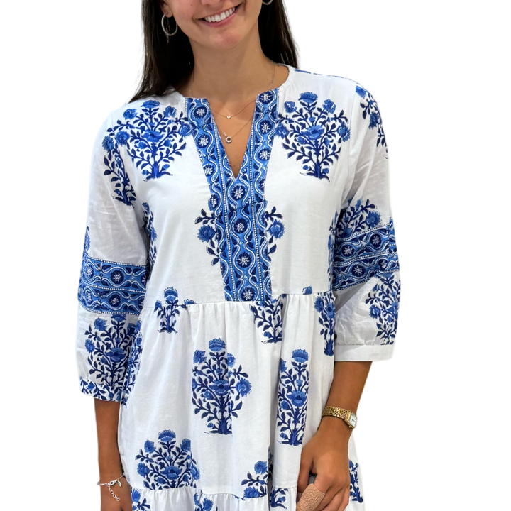 The Evie Long Dress in Blue and White Border Trimmed Floral Hand-Block Printed Cotton — view 4