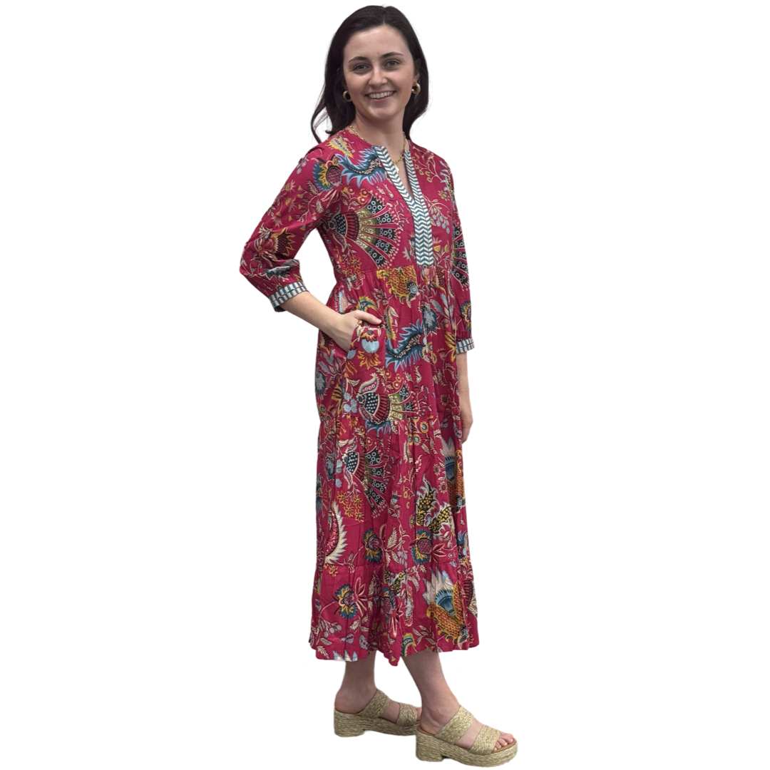 The Daniella Fuchsia Pink Hand Blocked Floral Embroidered Trim Dress — view 5