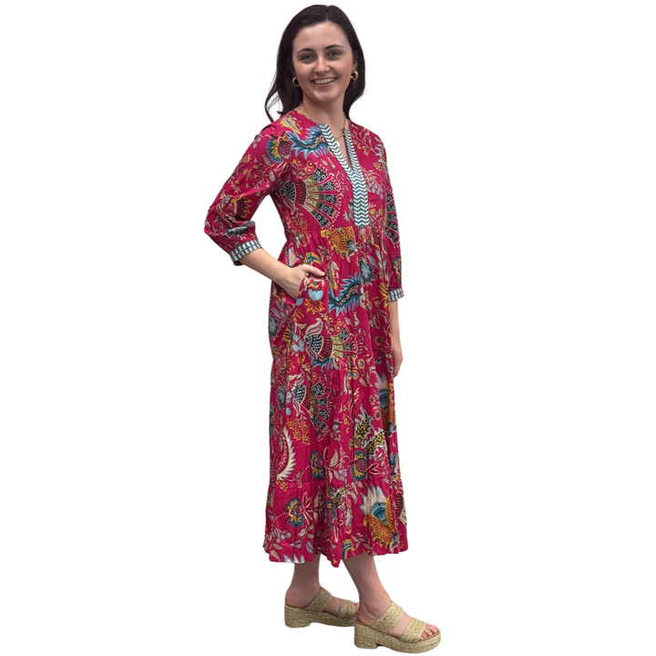 The Daniella Fuchsia Pink Hand Blocked Floral Embroidered Trim Dress — view 5