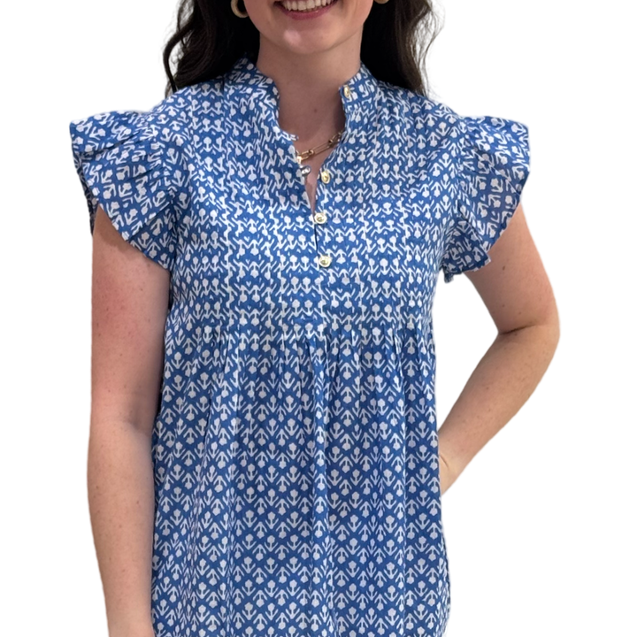 The Ava Pin Tuck Flutter Sleeve Top in Ocean Blue and White Floral — view 3